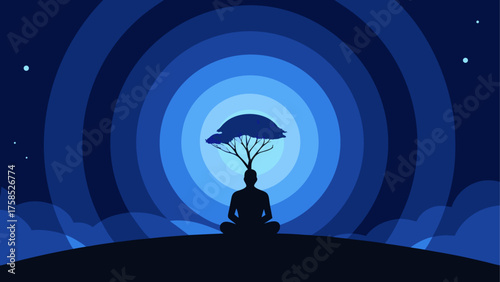 Person meditating under a tree at night