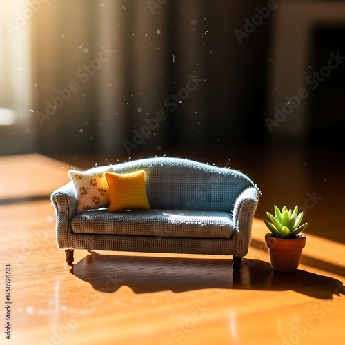 Miniature living room scene with a couch and succulent basking in sunlight
