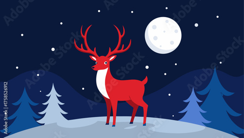 Cartoon red deer in winter night scene art