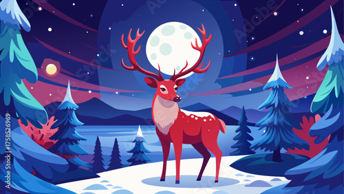 Illustration of a deer in winter night
