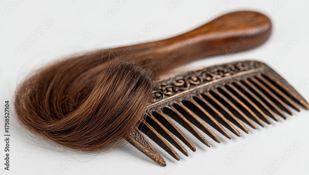 Obraz premium A wooden-handled comb lies beside a clump of brown hair
