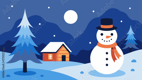 Snowman and house in winter night scene