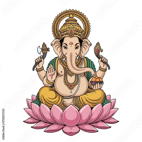 A vibrant illustration of Lord Ganesha, the Hindu deity, seated serenely on a pink lotus flower.