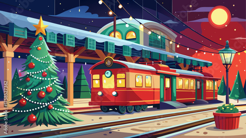 Christmas train at the station at night