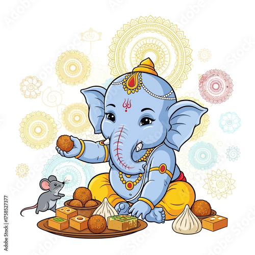 Cute cartoon baby Ganesha, the Hindu god, eating Indian sweets with his mouse companion on a decorative background.