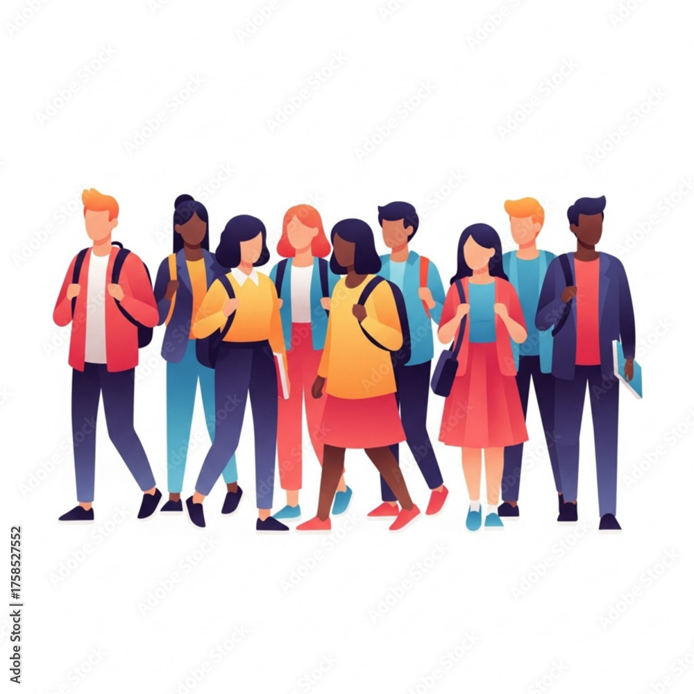 Fototapeta premium Diverse group of students walking together on campus, carrying backpacks and books, symbolizing education and community.