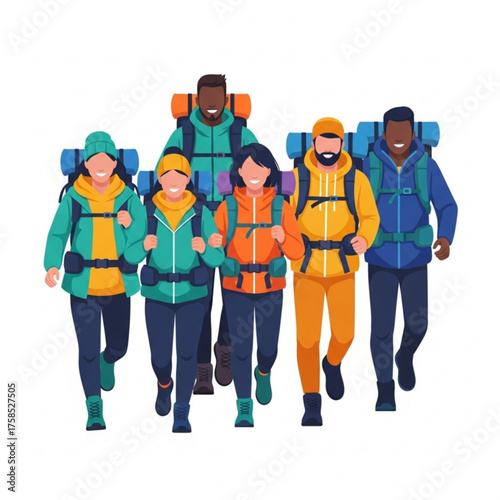 Diverse group of hikers walking together through a mountain trail, enjoying the beautiful scenery and fresh air on a bright, sunny day, showcasing teamwork and adventure.