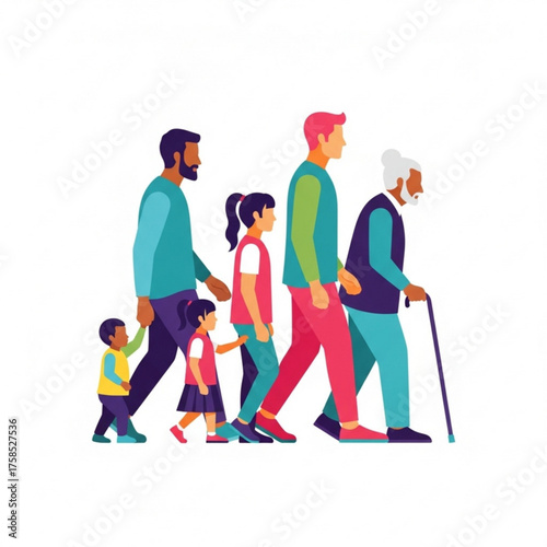 Diverse family walking together in a line, representing generations and unity, showcasing connection and love.