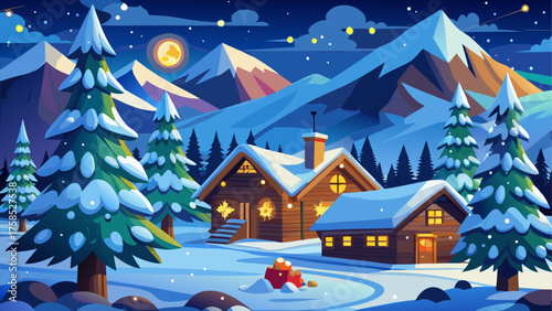 Winter landscape with snowy cabins night