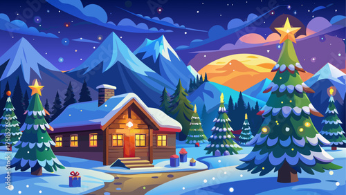 Winter cabin scene with christmas trees