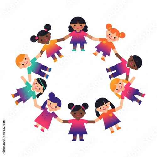 Diverse group of children holding hands in a circle, symbolizing unity and friendship on a bright, cheerful day, promoting inclusivity and harmony.