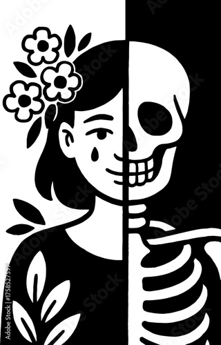 Half human girl with flowers, half skeleton with bones - life & decay contrast vector with white background 