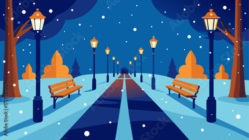 Winter park scene with benches and lights