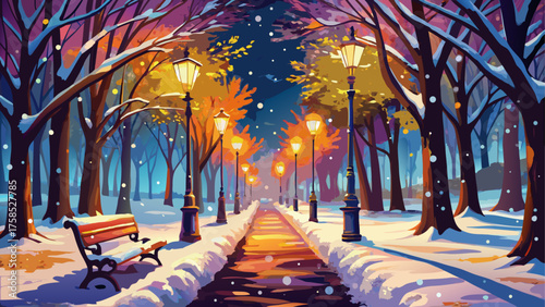 Winter park scene with snow and streetlights
