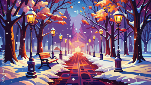 Winter park scene with snow and lampposts