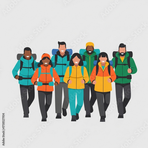 Group of diverse hikers walking together on a mountain trail, enjoying the scenic views and fresh air during a sunny day, creating a sense of camaraderie and adventure.