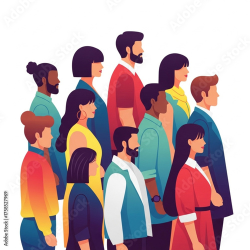 Diverse group of people standing together looking towards the future with optimism and hope for a better tomorrow in a bright and vibrant style.