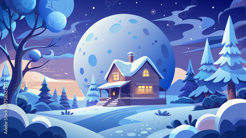 Winter scene with house and large moonscape