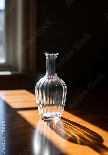 Sunlit glass vase on wooden table casting sharp shadows creating contrast