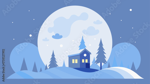Winter landscape with house and full moon