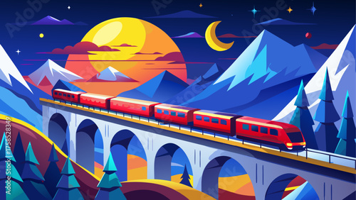 A train crossing a bridge at night time