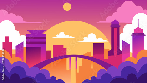 Cityscape with bridge and sunset gradient