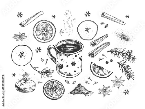 A set of vector illustrations featuring mulled wine ingredients. Hand-drawn in ink: mug, cinnamon sticks, star anise, candle, orange, apple, cloves, cardamom, pepper, fir branches, and snowflakes. 