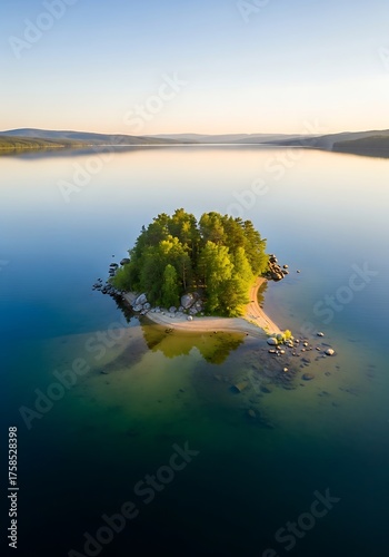 Serene Scandinavian lake island with forest and clear waterscape