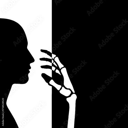 Half skeleton hand reaching toward human face -transformation symbolism vector with white background 