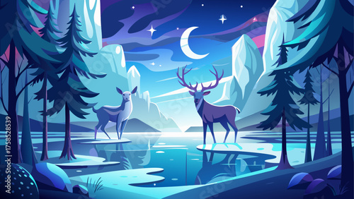 Two deers in a winter landscape at night