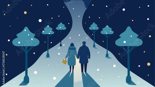 Couple walking in winter snowy landscape