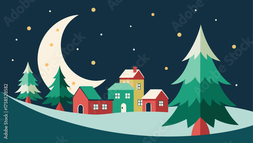 Winter night scene with moon and houses