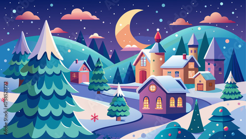 Winter village scene with moon and snow