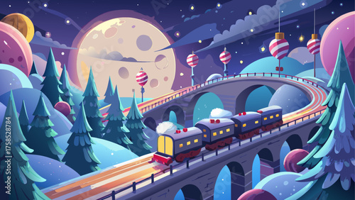 Cartoon train crossing bridge at nighttime