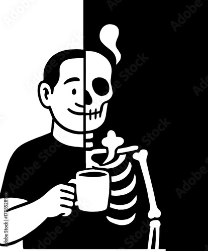 Human-skeleton hybrid drinking coffee - caffeine keeps both alive vector with white background 