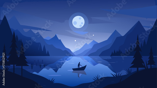 Night landscape with boat and full moon view