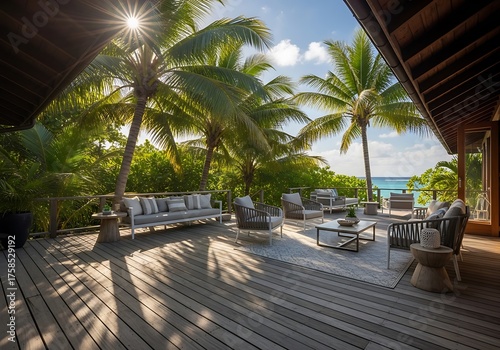 Tropical paradise on a wooden deck with furniture and palm tree shadows