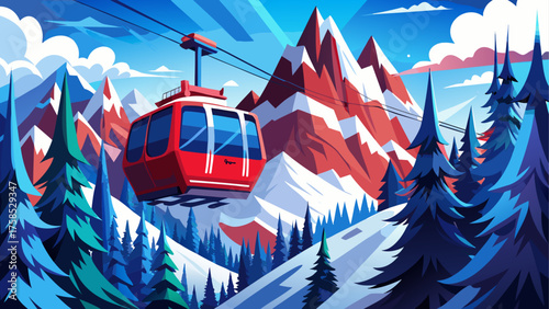 Cable Car, Mountain Resort, Snowy Peaks, Winter Landscape, Travel Vector