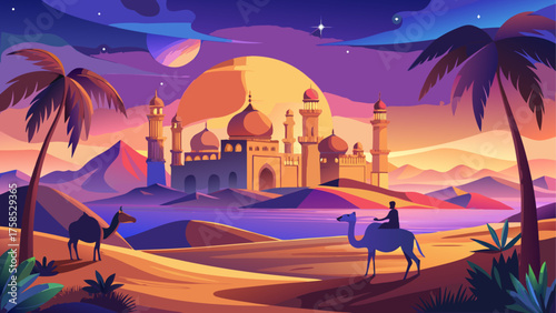 Camel ride near the desert palace at dusk