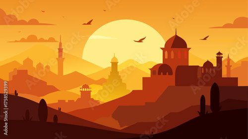 Cityscape with domes and sunset backdrop