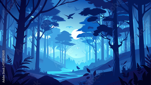 Illustration of a blue forest and river view