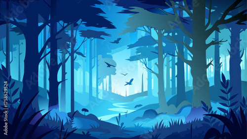 A blue forest with flying birds in scene