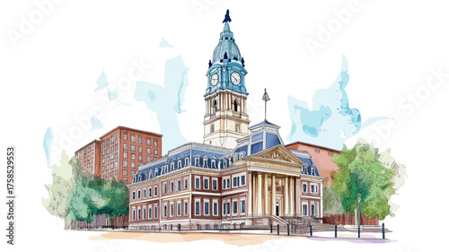 Independence Hall. Independence Hall hand drawn watercolor illustration