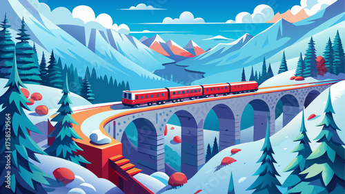 A red train on a bridge in the mountains
