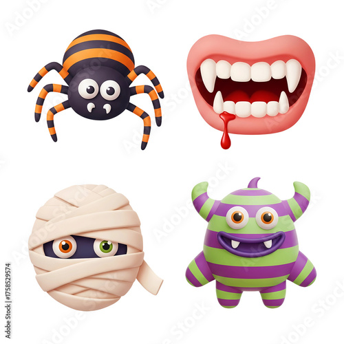 3D cartoon Halloween element set isolated on transparent background, PNG file 
