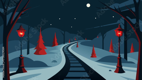 Winter night scene with snowy train tracks