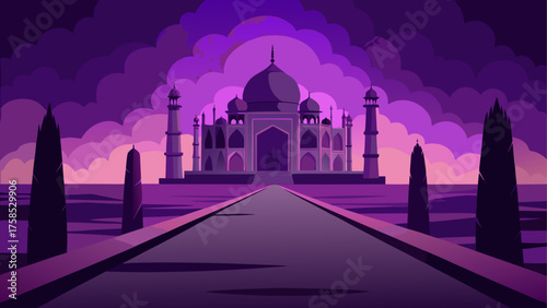 Taj mahal under a purple cloudy sky view