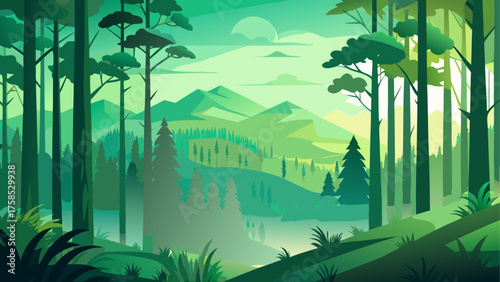 Illustration of a green forest landscape
