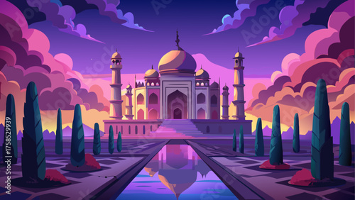 Taj mahal at dusk with reflection pool