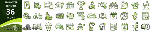 Employee benefits icons set in green style for wellness and support  